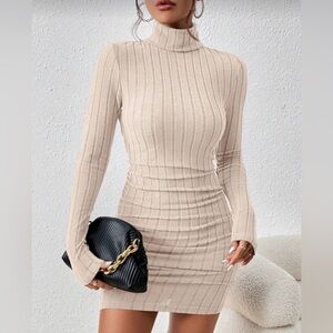 Elegant Beige Ribbed Turtleneck Dress